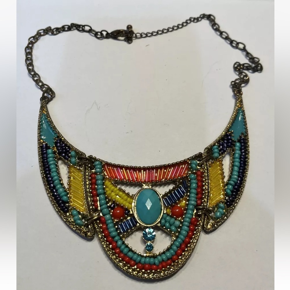 Necklace Vintage seed beads enameled on metal chain Bohemian turquoise dangles